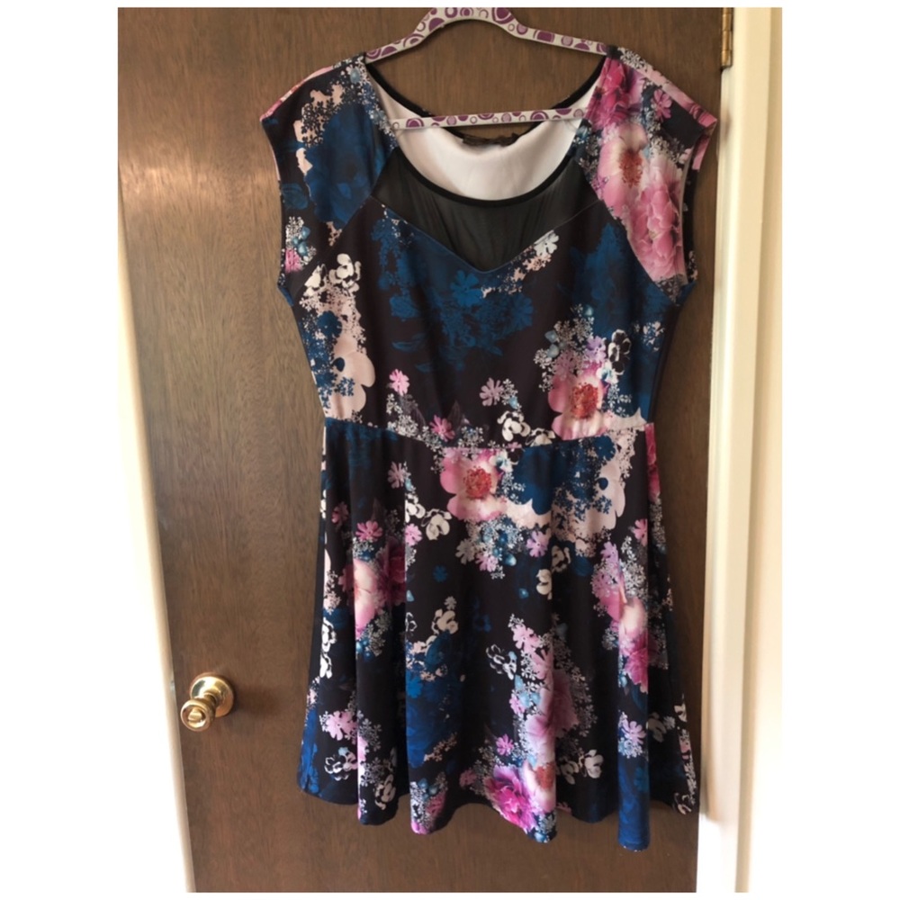 black, blue and pink floral dress